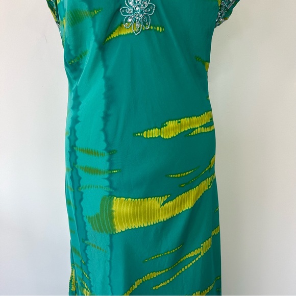 East 100% Silk Maxi Dress Size 14 Teal Green Sequin Trims Beach Boho - Picture 6 of 10